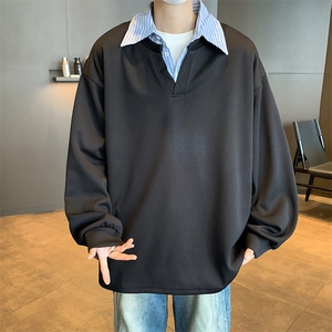 秋款男假两件卫衣条纹衬衫V领宽松休闲外套WY104 P45图片