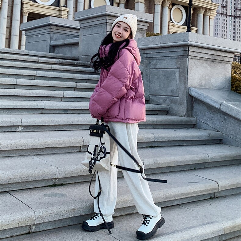 玫粉色连帽羽绒服冬季女2025新款小个子加厚韩系宽松白鸭绒短外套,女装棉衣/棉服,2C053