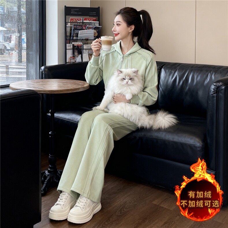 欧货时尚洋气运动套装女秋冬新款连帽拉链开衫外套阔腿卫裤两件套,女装套装/套裙,2C310