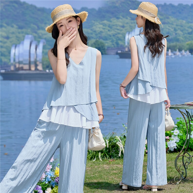 （新款现货）2026夏装时尚莱赛尔花苞假两件上衣阔腿裤套装两件套,女装套装/套裙,印象茜