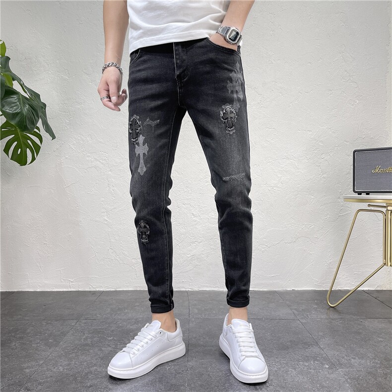 春秋季新款潮流贴布印花修身男士牛仔裤潮流小脚裤D311W1521P95，男装牛仔裤，电商D311