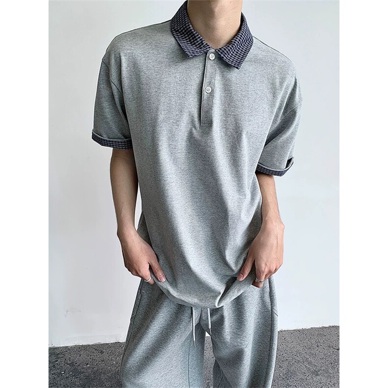 网图有货夏季MIU风撞色蓝格假两件短袖宽松上衣POLO衫男A630-P38，男装Polo衫，星座1505