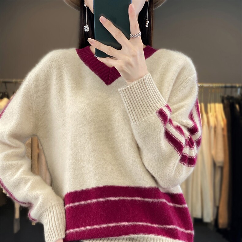 秋冬复古拼色100%纯羊毛衫女V领百搭套头针织毛衣宽松羊绒打底衫,女装羊毛衫,琳华羊绒