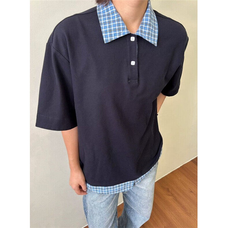 藏青色假两件拼接格纹POLO衫男夏季宽松休闲新款短袖t恤 TS091图片