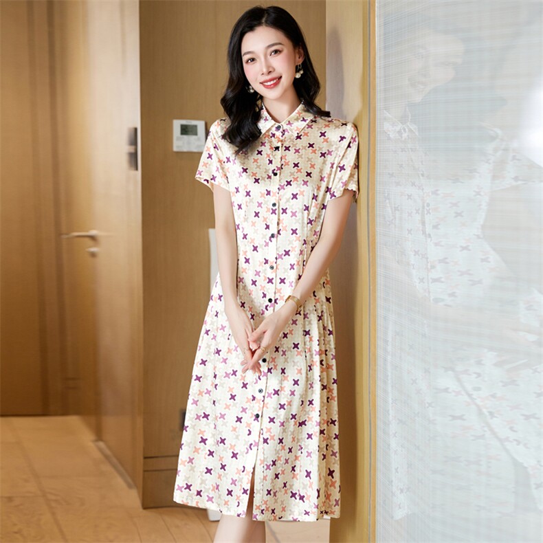 杭州重磅真丝桑蚕丝连衣裙女高端大牌2025新款夏季碎花妈妈衬衫裙,女装连衣裙,阿舍尔精品