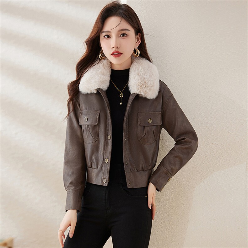 女士加绒皮衣2023冬季新款气质小个子短款复古机车服pu皮夹克外套,女装棉衣/棉服,江南女神