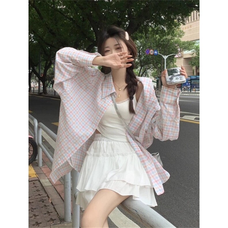 TC756-P45设计感格子衬衫女可爱撞色格子长袖衬衫学院风衬衣,男装衬衫,星座617A-2
