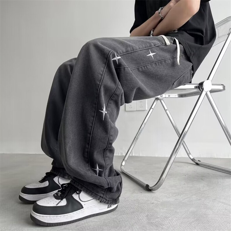 hiphop美式复古星星刺绣牛仔裤男士春夏2026新款宽松直筒裤子潮牌,男装牛仔裤,星座601-2