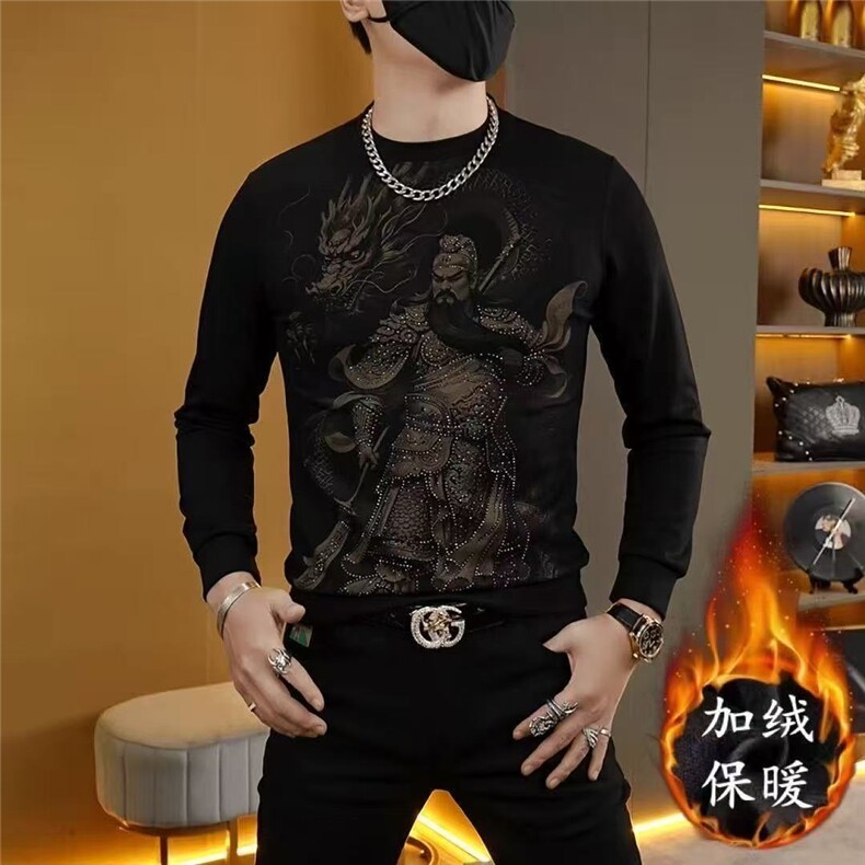 1506-1/WDT081加绒/P29秋冬烫钻加绒打底衫男士韩版个性潮圆领,男装T恤,星座1506-1