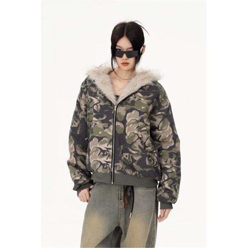 美式水洗迷彩毛领连帽夹克棉服2025冬季加厚座山雕外套男女W2199,男装夹克,星座601-1