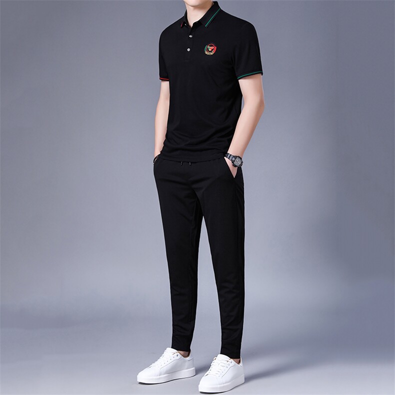 HP206夏季男式短袖长裤透气两件套运动休闲翻领修身t恤套装P132,男装休闲套装,电商B360