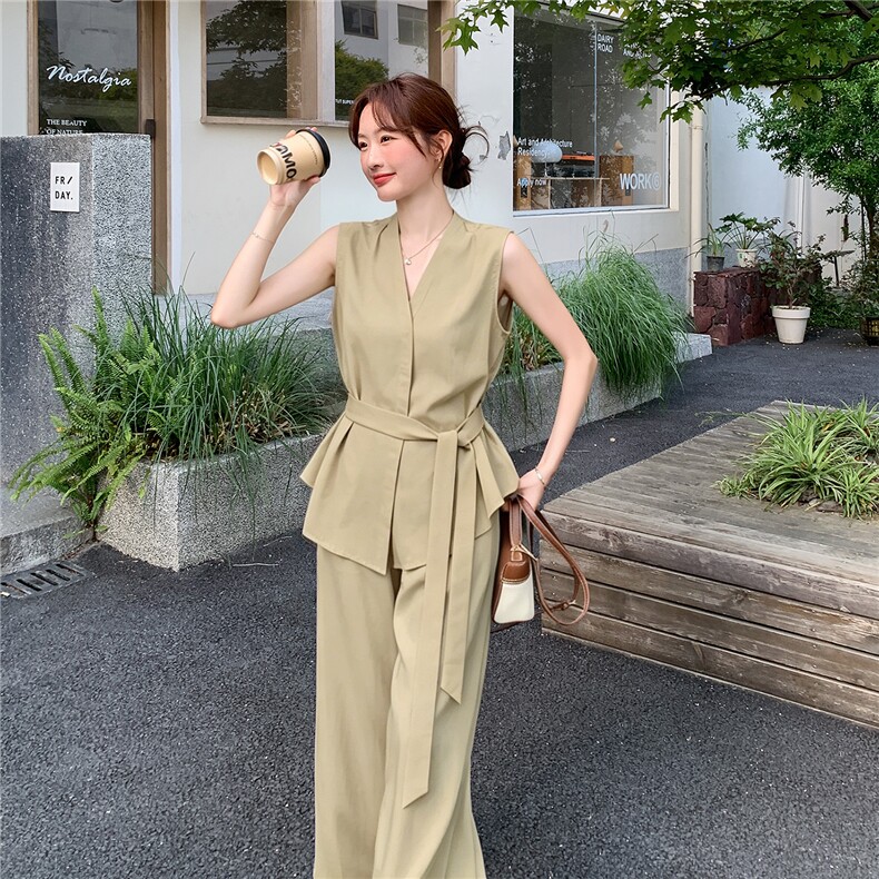 新款现货主推夏季无袖气质套装女老钱风阔腿裤清冷感韩系两件套,女装套装/套裙,网红馆