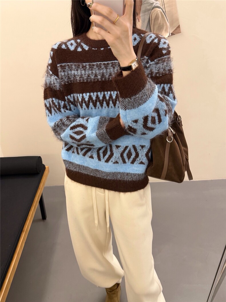 2026年秋季时尚百搭通勤简约休闲提花园领，女装针织衫/毛衣，暖烁特种纱工厂店