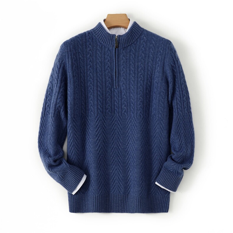 重磅半襟拉链绞花男套衫2025年秋季圆领长袖35%羊绒衫，男装羊绒套衫，恒标羊绒