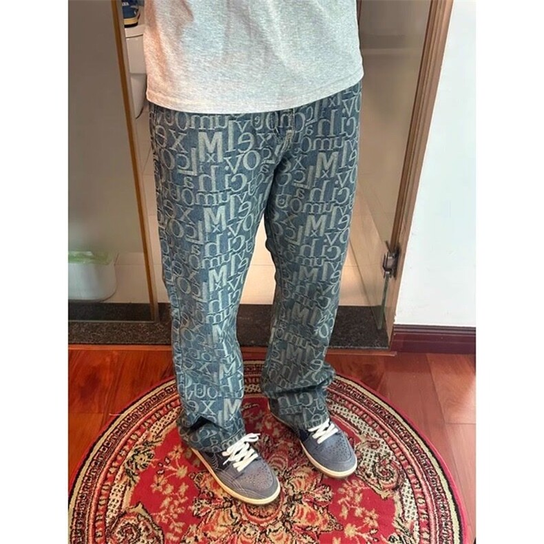 巴黎满印提花牛仔裤男潮牌设计感裤子直筒微喇休闲裤WYA24-P45,男装牛仔裤,星座208-5