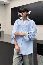 春夏新款韩系拼接条纹衬衫男宽松V领休闲长袖衬衫打底潮流衬衫P49，男装衬衫，电商B319