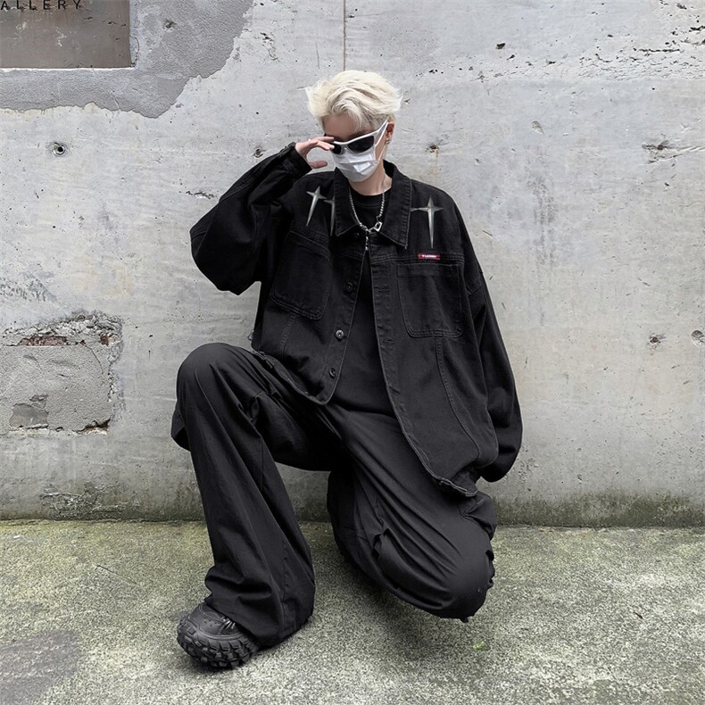 男装牛仔外套2026秋几何绣标印花男生翻领夹克XZ514-2-N100-P88,男装工装外套,星座514-2(原B239)