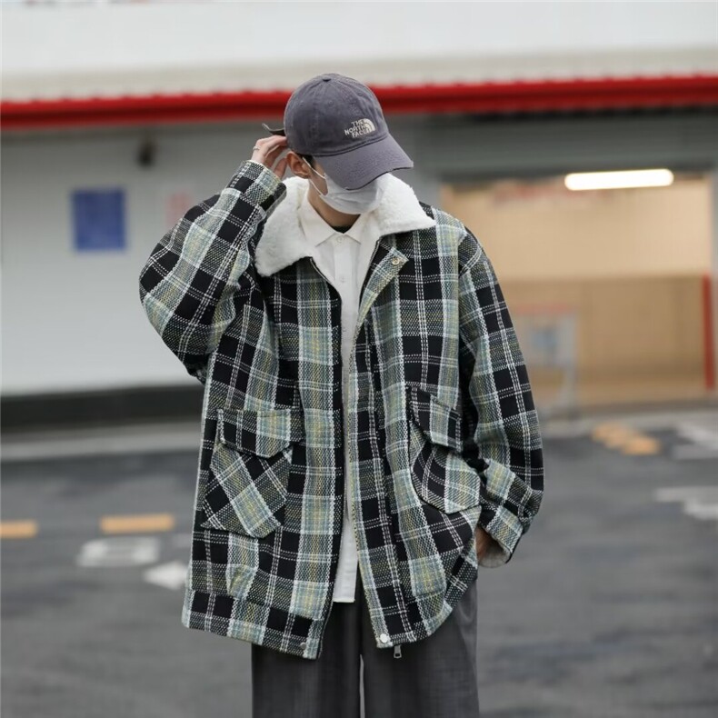 格子羊羔毛棉衣男士冬季加绒加厚潮流棉服外套棉袄TT9018 P68图片