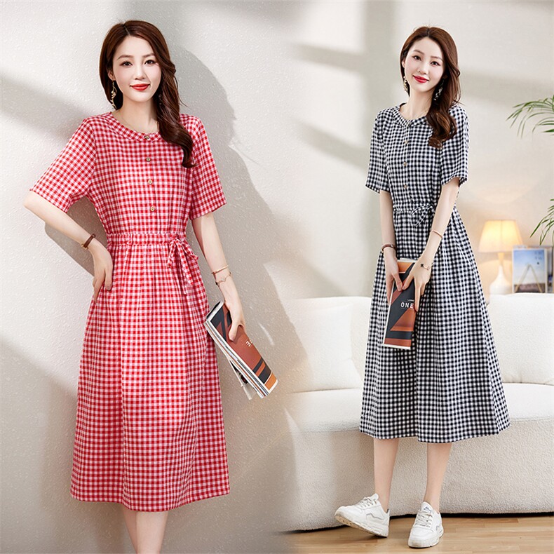 黑白格子棉麻连衣裙女夏季2023新款气质收腰显瘦减龄文艺衬衫裙子，女装连衣裙，罗得堡
