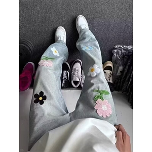 花朵刺绣微喇牛仔裤欧美裤子男高级感设计感直筒休闲裤AM7704 P46图片