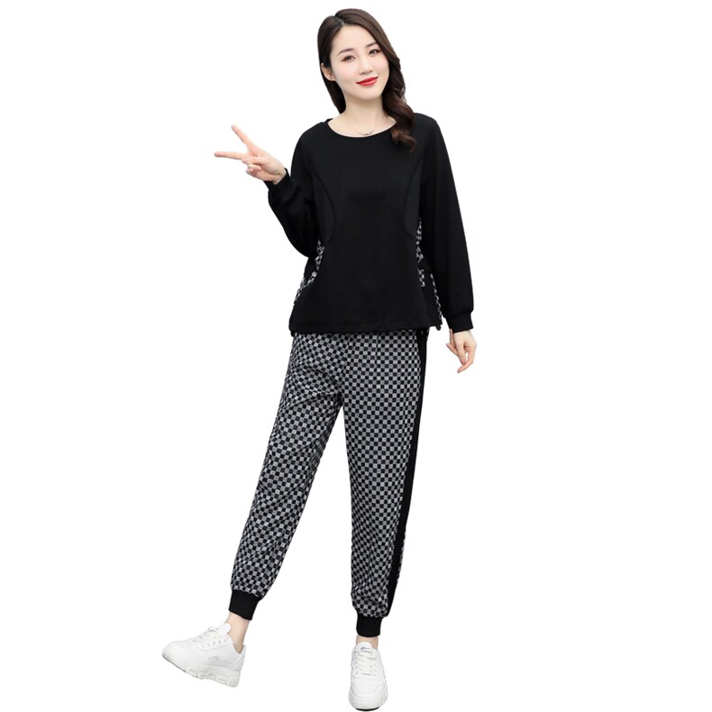 时尚休闲套装女2024新款春装宽松显瘦格子长裤两件套,女装套装/套裙,千千佰惠