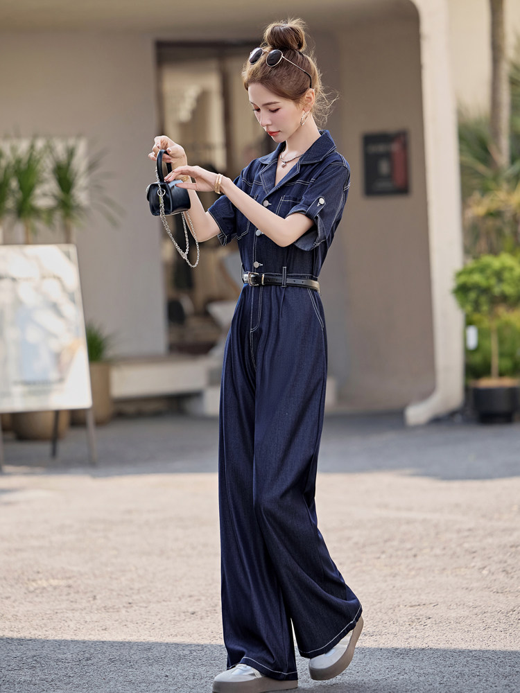 （新款现货）闺舍2026夏时尚女洋气天丝牛仔阔腿连体裤（配腰带）,女装连体裤,印象茜