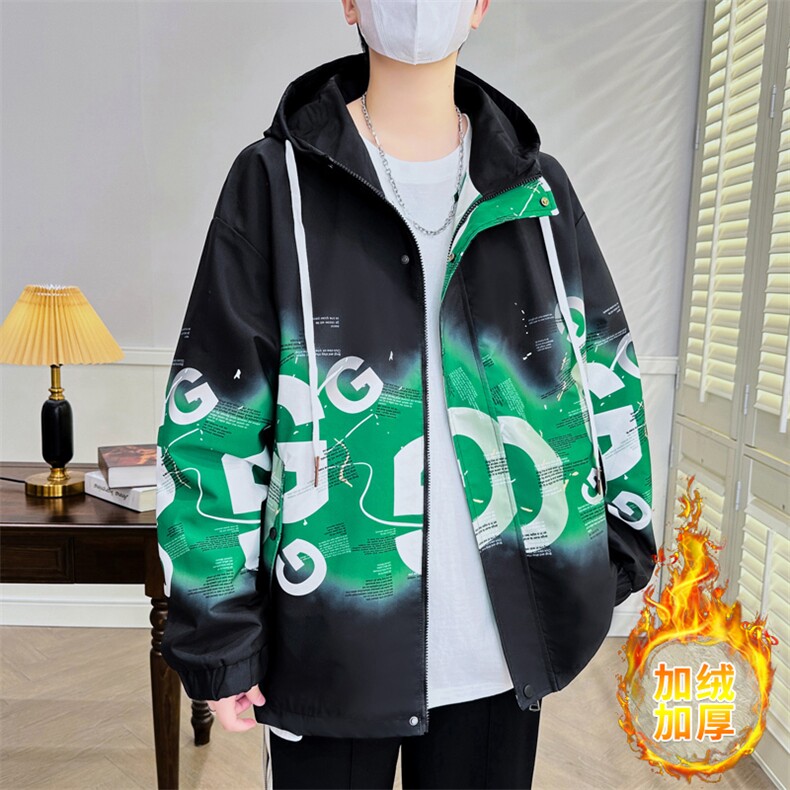 新款冬季潮牌休闲渐变印花加绒连帽大码夹克男外套A436-620-P75,男装夹克,电商A436