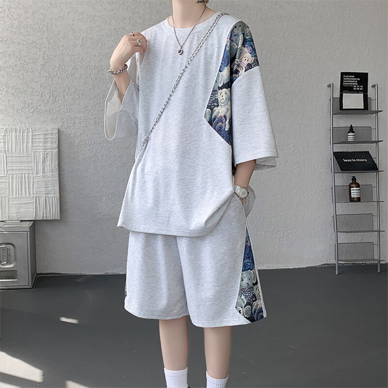 TZ792-特批50控98夏季冰丝潮流大码小熊撞色短袖短裤套装男,男装牛仔裤,电商A059