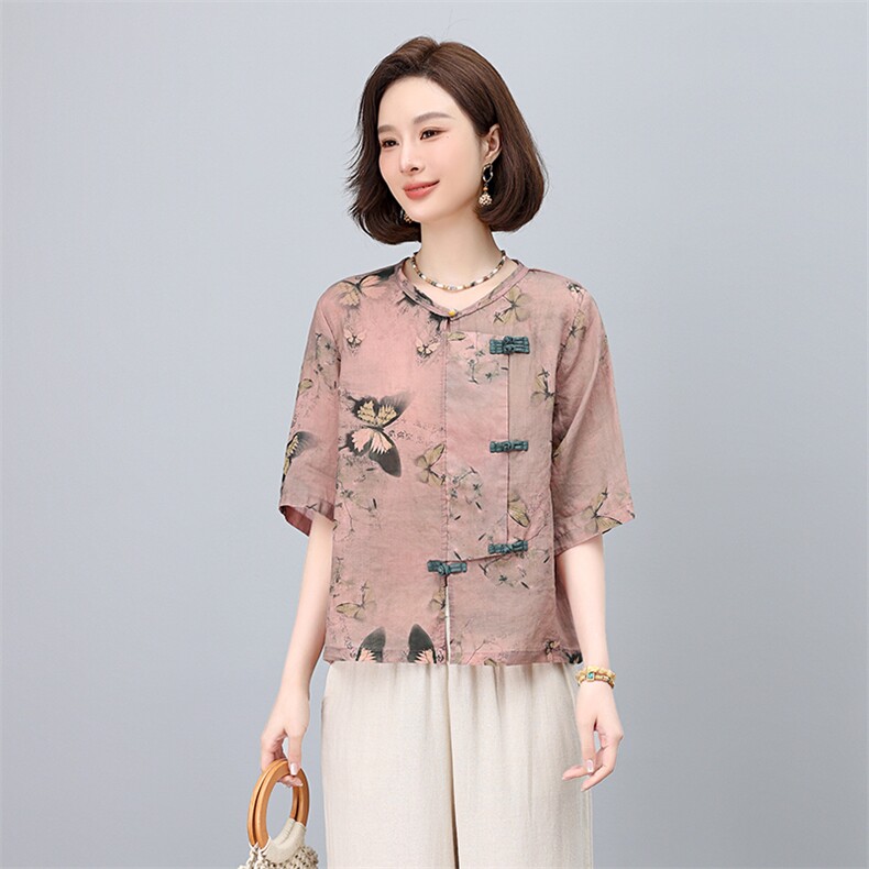 中式复古盘扣苎麻印花衬衫女2025夏季新款高端麻料花色上衣小衫,女装衬衫,凝聚力