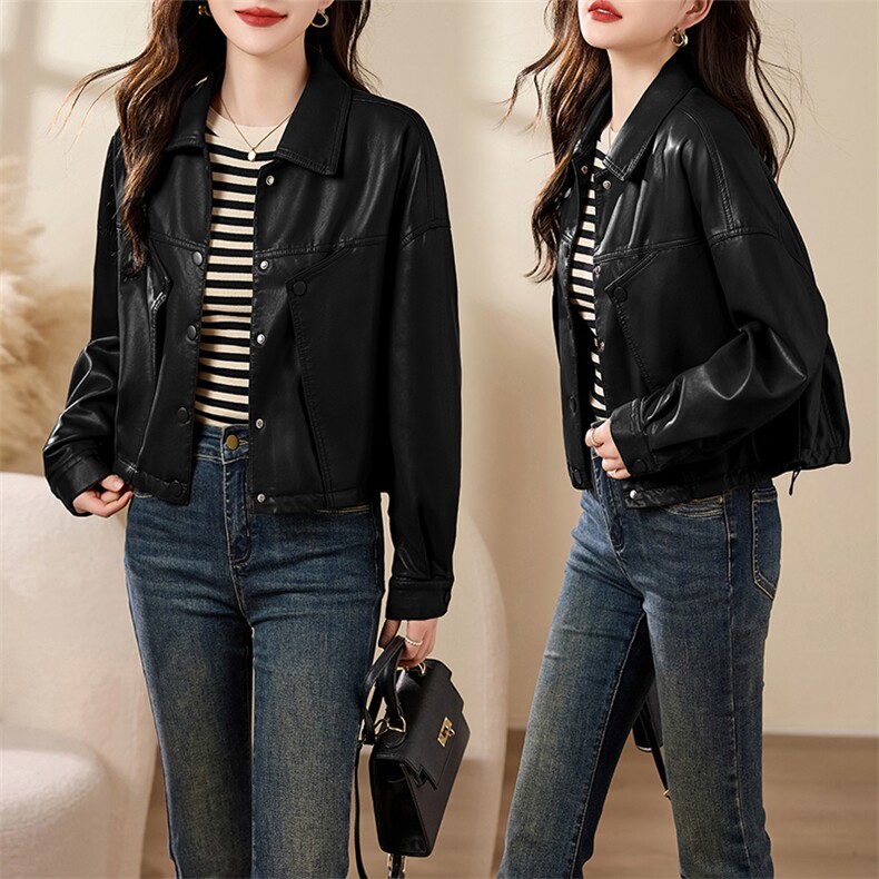 现货宽松蝙蝠袖绿色PU皮衣2024春装新款女装时尚百搭显瘦皮外套女，女装皮衣，江南女神