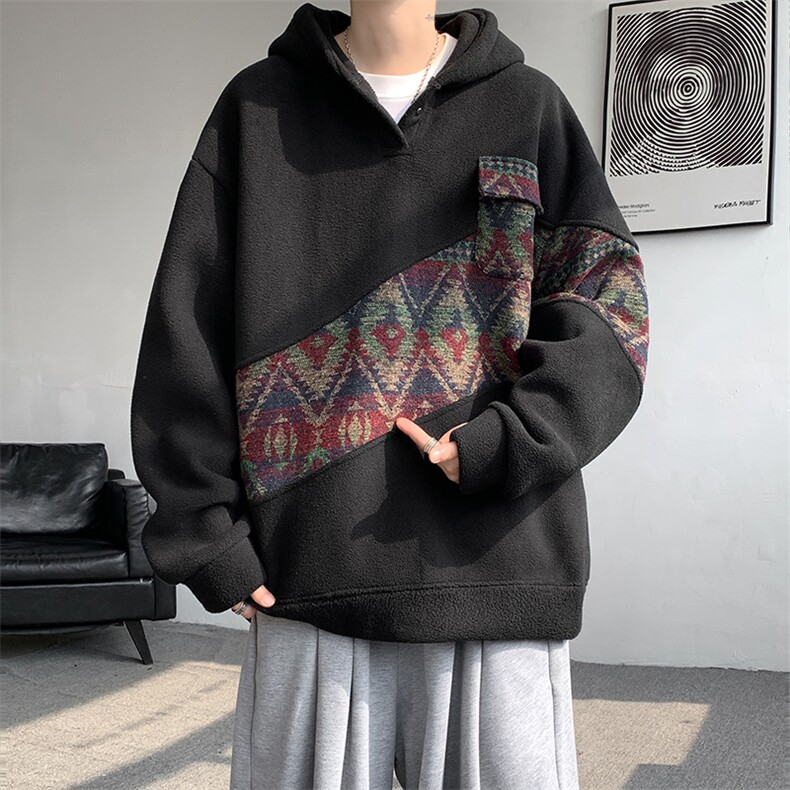 WY10096-P55摇粒绒撞色拼接保暖连帽小众卫衣,男装棉衣,电商A059