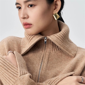 秋冬女士时尚宽松翻领羊毛拉链款针织衫图片