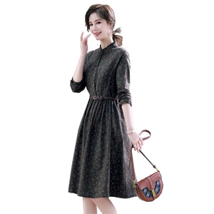 小个子休闲碎花棉麻连衣裙女2024春季新款气质收腰长袖纯棉裙子图片