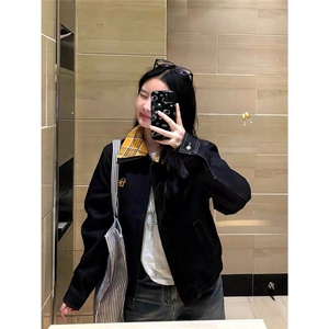 美式复古格子拼接牛仔外套男女2025春秋冬新款设计高级感工装夹克图片