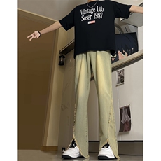现货24春夏黄泥开叉毛边宽松牛仔裤设计感微喇休闲裤男K5803-P55，男装牛仔裤，星座205