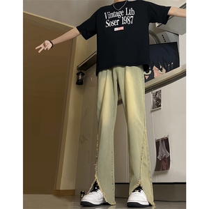 现货 24春夏黄泥开叉毛边宽松牛仔裤设计感微喇休闲裤男K5803-P55图片