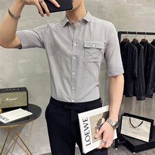 现货2021条纹短袖衬衫男修身抗皱CS14P45，男装T恤，电商B413