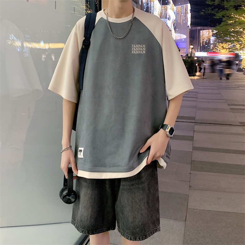 2026夏装男圆领拼色拼接麂皮绒五分袖短袖T恤T800/P35灰色8,男装T恤,电商A094