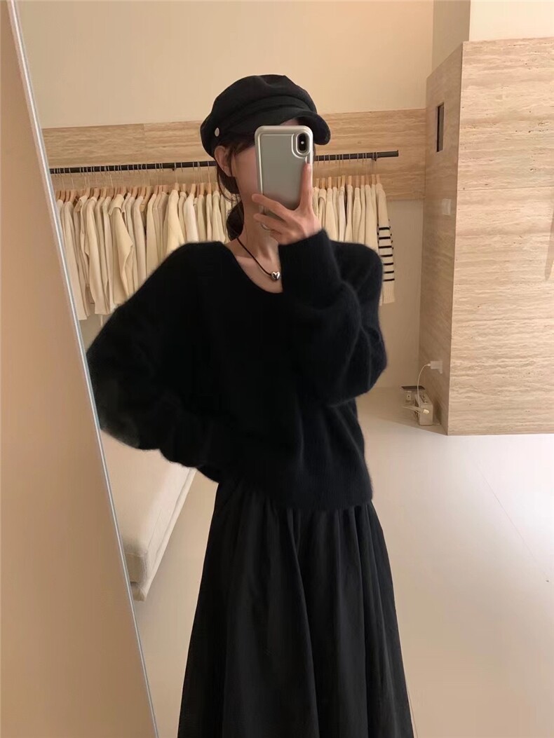 秋冬纯色V领长袖羊毛针织衫女韩版宽松针织衫,女装羊毛衫,恩泰羊绒