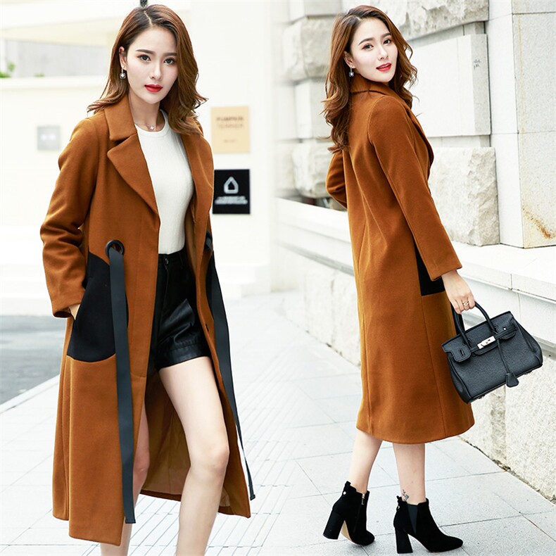 2020年冬季长袖中长款直筒毛呢外套纯色潮流气质口袋拼接，女装毛呢外套，笃写