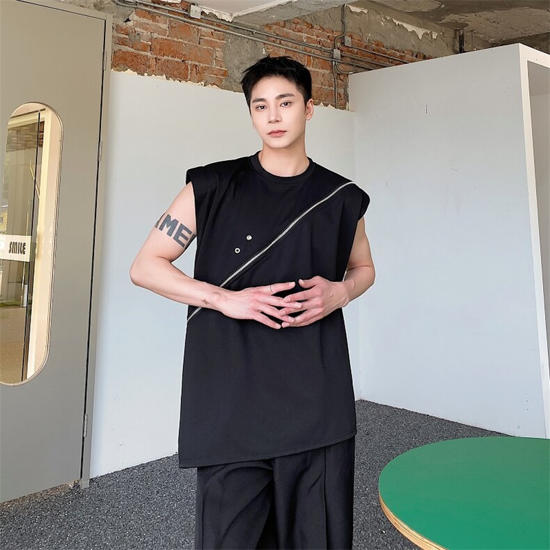 小众解构立体金属设计背心男不规则剪裁无袖T恤宽松A345-277-P75,男装背心/马甲,电商A345