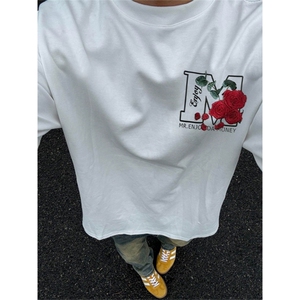 网图有货 夏季大M玫瑰花卉刺绣短袖T恤男女情侣纯棉上衣 A572-P35图片