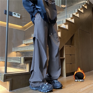 冬季加绒户外潮流褶皱垂感宽松冲锋裤B315-K24271JR-特p35控68,西瓜红围巾搭配图片
