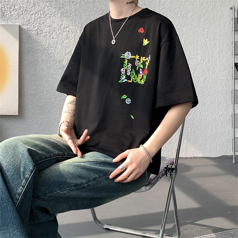 潮牌短袖T恤花绘刺绣设计感T恤美式复古条纹口袋短袖T恤半袖P48,男装T恤,电商B319