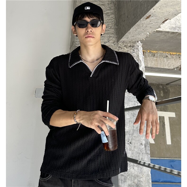 老钱风长袖POLO衫男女秋季肌理感韩版翻领针织衫上衣T恤图片