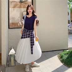 撞色拼接格纹连衣裙女2025夏季新款韩系设计感独特超好看a字长裙，女装连衣裙，2C201