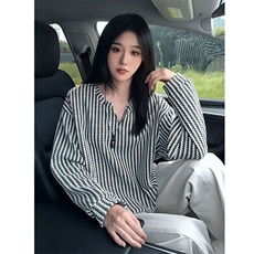 美式高街千鸟格子长袖T恤男女亨利V领英伦雅痞休闲宽松长袖打底衫，男装T恤，电商A443