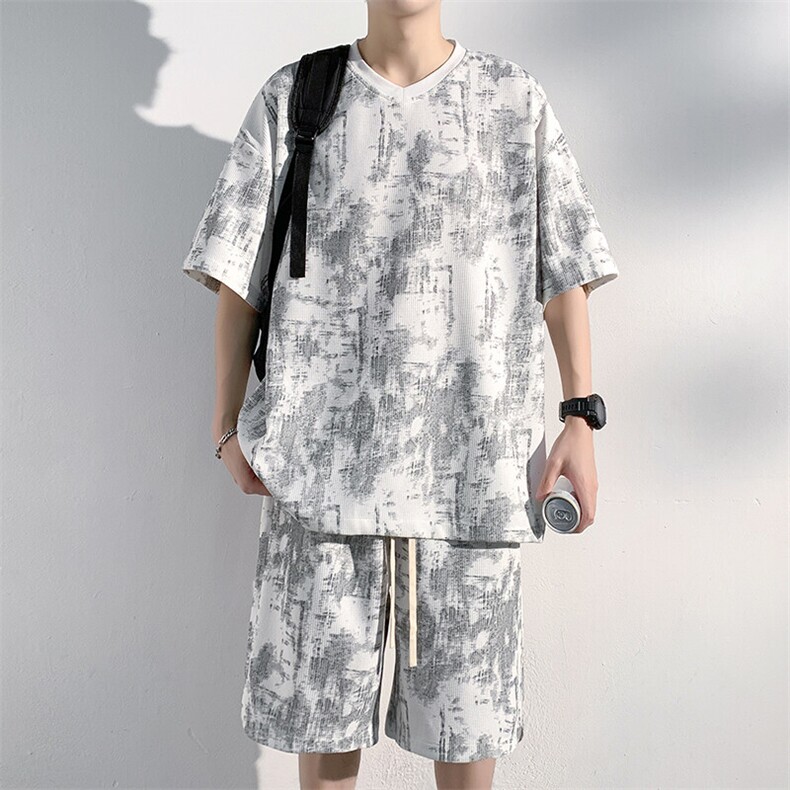 特批P45无差价夏季美式复古百搭扎染V领大码短袖短裤套装男TZ5365，男装休闲套装，电商A001