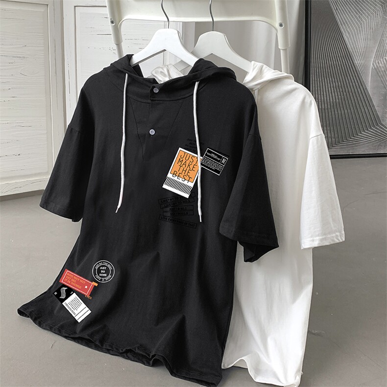 LD54121-P45连帽短袖t恤男大码胖子带帽五分袖中袖，男装T恤，电商A040
