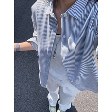 竖条纹松弛感长袖衬衫男女春秋季少年感寸衫休闲美式复古衬衣外套，男装衬衫，星座1210-1